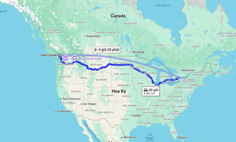 Khoảng cách đường hàng không khi mua vé máy bay từ Vancouver đi Toronto