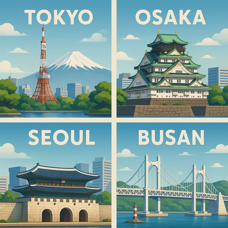 Các thành phố lớn như Tokyo, Osaka, Fukuoka của Nhật Bản và Seoul