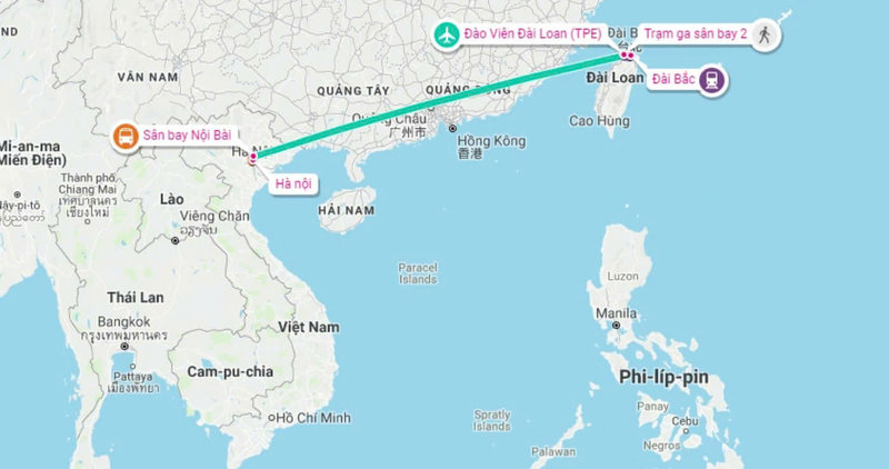 Khoảng cách từ Đài Loan đến Việt Nam khoảng 1600km